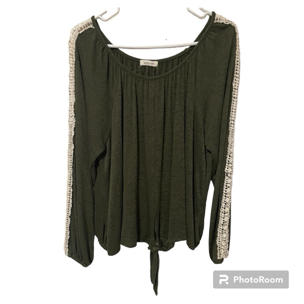 3/$9 Paper+Tee Blouse Olive Cropped Top Crochet Embroidery Long Sleeve Women’s